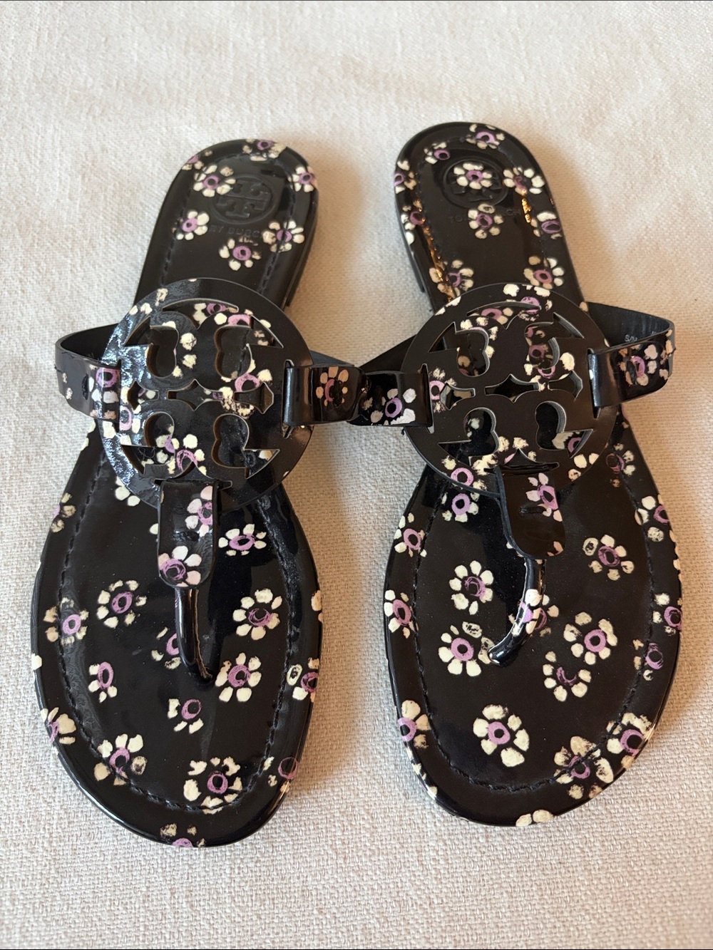 TORY BURCH | Black Flower Print Miller Leather Sandal (Women) - Size 8.5M
